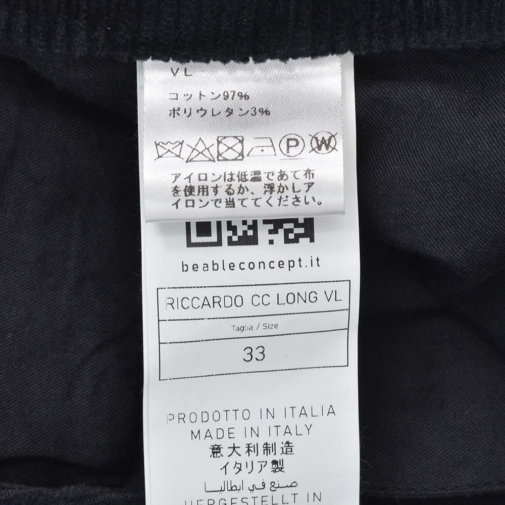 ビーエイブルBEABLEコーデュロイパンツメンズRICCARDOリッカルドストレッチコーデュロイブラック黒1プリーツジップフライ国内正規品でらでら公式ブランド