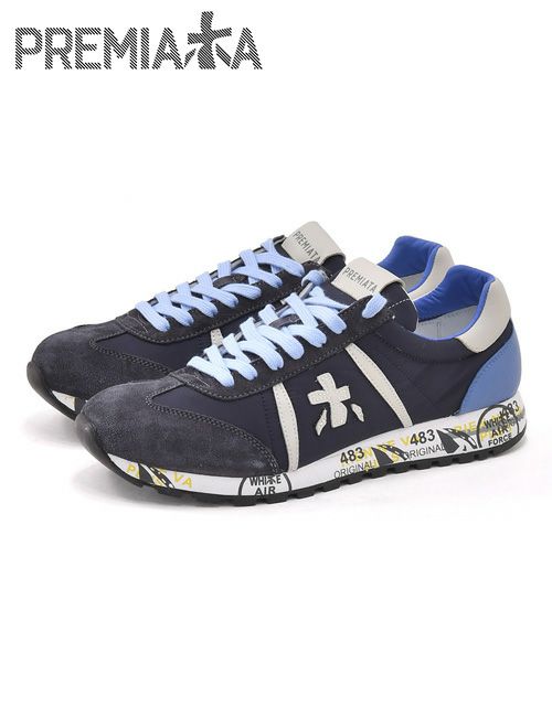 プレミアータホワイトPREMIATAWHITEルーシーLUCYネイビー＆ライトグレー踵と靴紐ナイロンコンビレザースニーカー18春夏